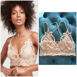 Free People Fp One Adella Bralette Lace Criss Cross Smocked Lightsand Bra Top Sm